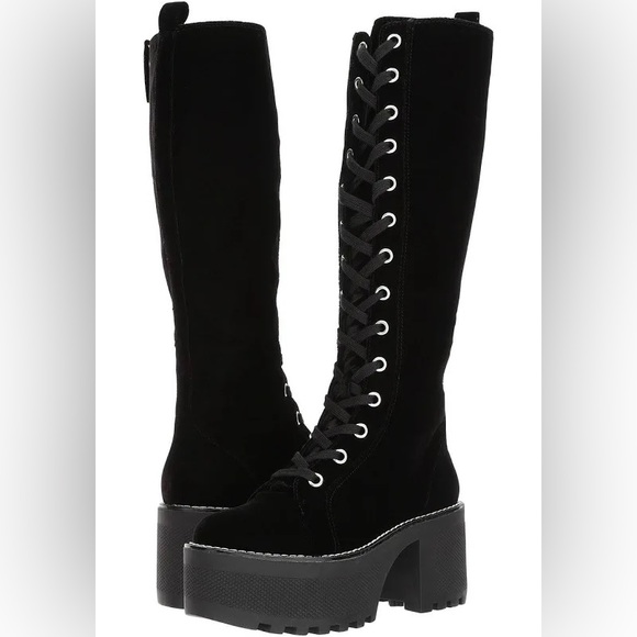 Alice and Olivia Raye Platform Velvet Lace Up Chunky Heeled Boots - Picture 2 of 11